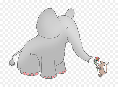 Cartoon of tiny mouse giving a flower to a big elephant.