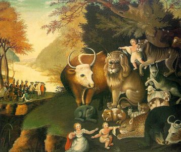 Painting by Edward Hicks of Isaiah's vision of the peaceable kingdom. On a hilltop, predator and prey animals relax together; down by the river colonial settlers and Indigenous people meet to make a treaty. Illustrating a post on Psalm 91.