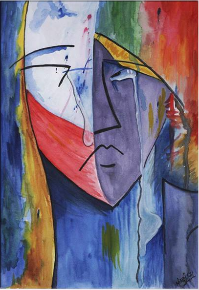 Crying woman with tears watercolor painting by Niraj Man Singh illustrating a post about victims speaking through the biblical book of Lamentations