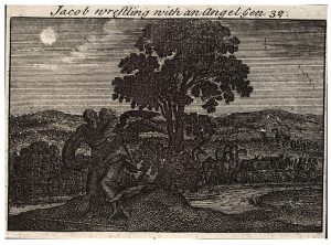 Shadowy drawing of Jacob wrestling with an angel under a tree by the water at night. Shadowy shorebirds and other animals watch.