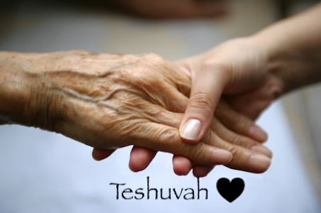 Older and younger hands reaching out and holding one another with the word "teshuvah" (repentance & return) next to a heart at the bottom.
