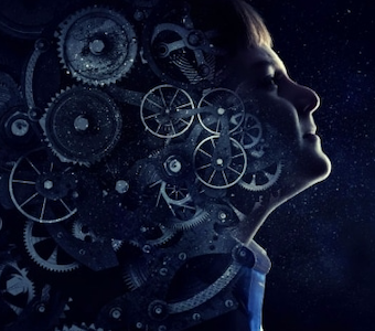 Image representing the quest in philosophy: a human face looking at the stars, with the back of its head filled with wheels within wheels.