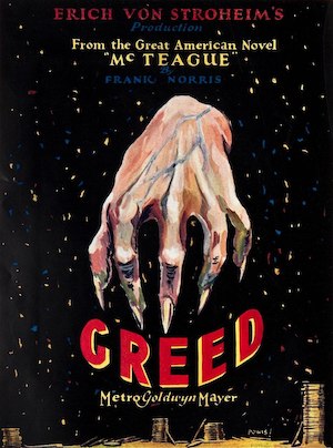 Poster for the 1924 movie Greed showing a grasping hand over the word greed, illustrating a post about the Nephilim