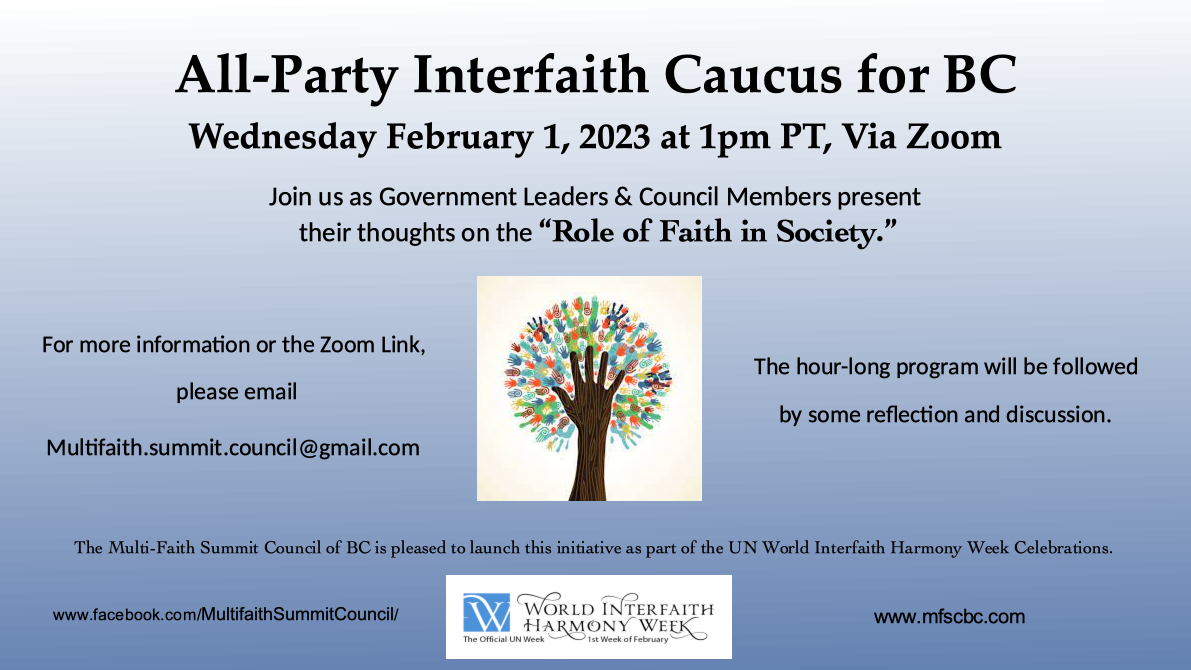 Event flyer for the All-party Inter-faith Caucus for BC sponsored by the Multi Faith Summit Council of BC
